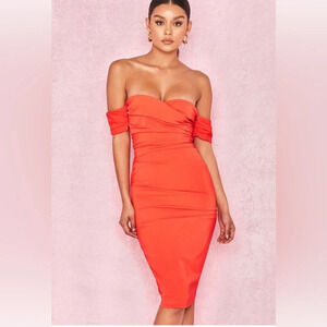 House of CB Orange Ruched Off-Shoulder Bodycon Midi Dress